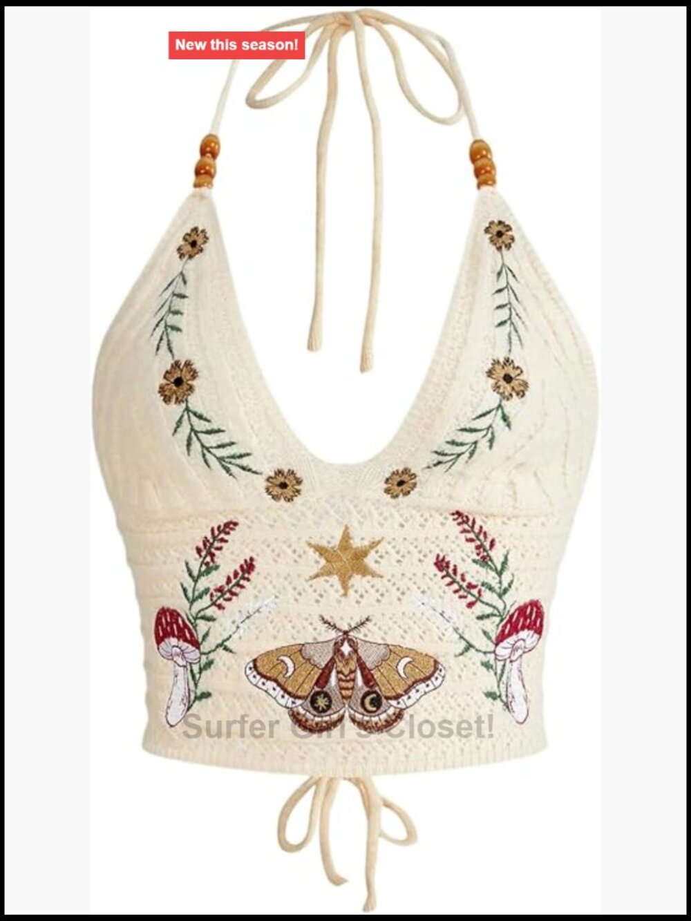 Boho Embroidered Halter Crop Top Crochet Lace Up Knit